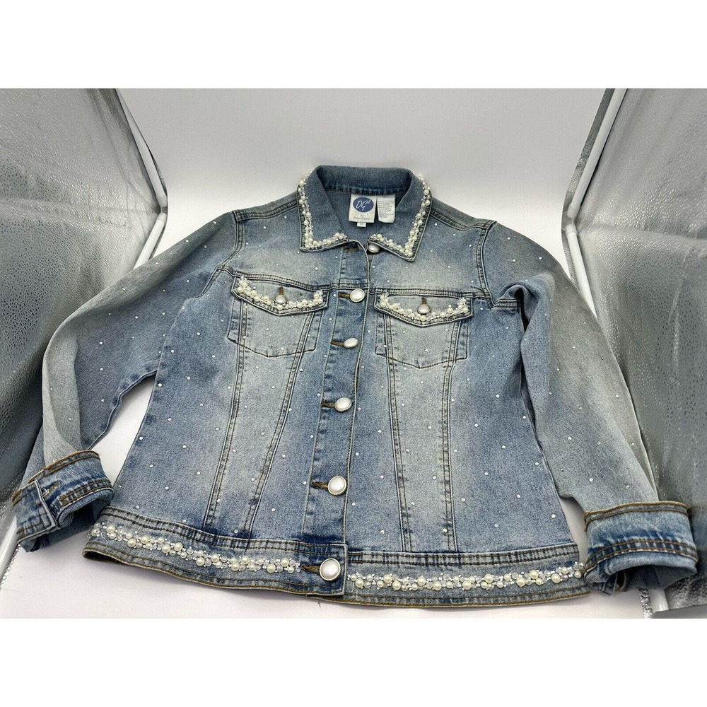 DG2 Diane Gilman Stretch Denim Pearl Rhinestones Embellished Jacket Size XS